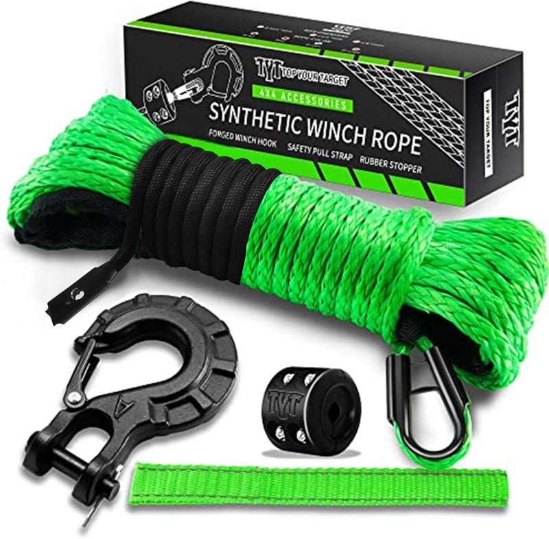 TYT Synthetic Winch Rope Kit - 1/4'' x 50' with 10000 lbs Strength, Protective Sleeve, Heavy Duty Hook, Rubber Stopper, & Safety Pull Strap for Off-Road 4x4 Vehicles (Green) (JPS1450OG) - Image 1